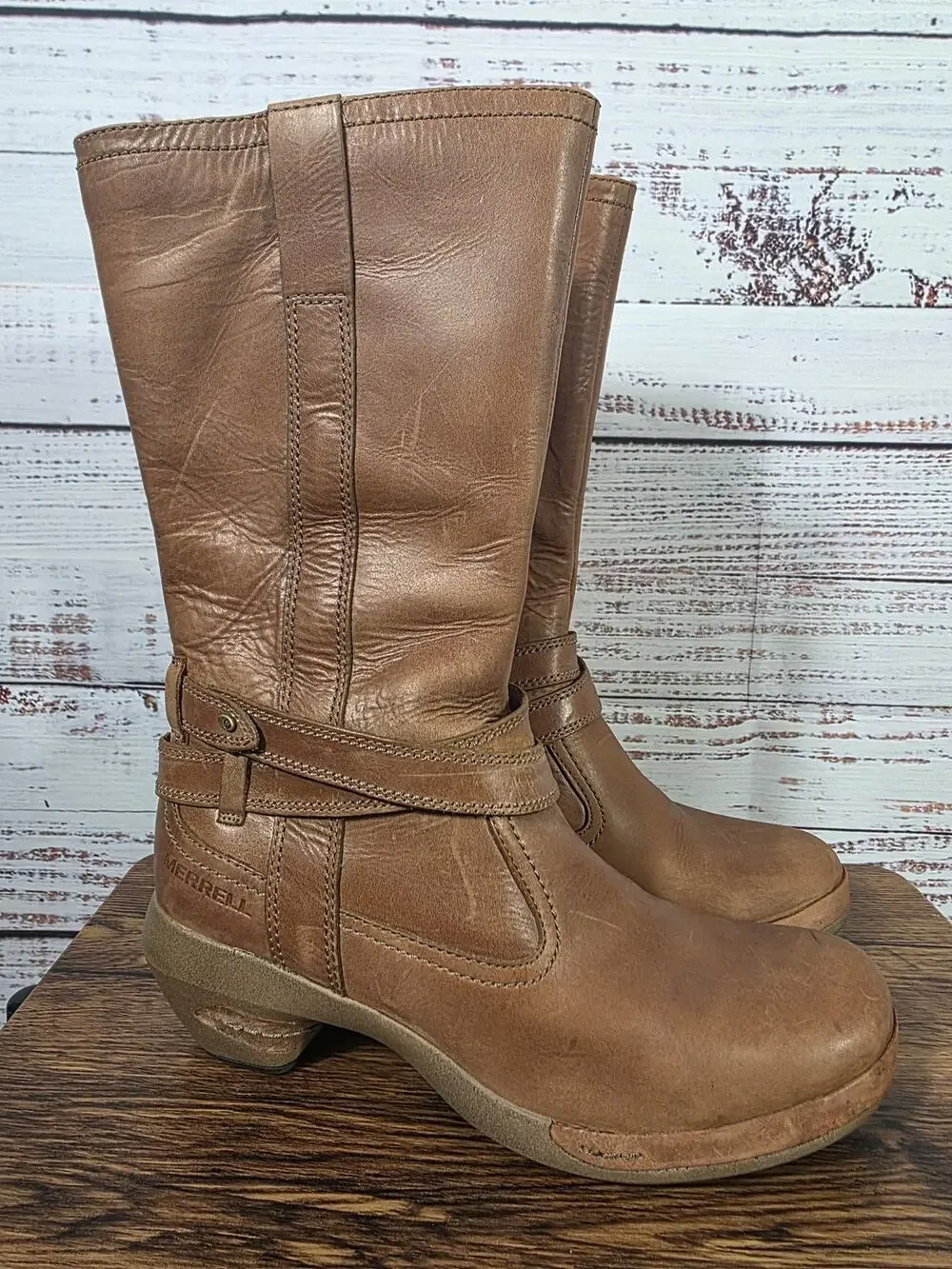 Merrell women's Brown Leather Mid-calf Boots size 7.5 Side Zip Comfort Heel